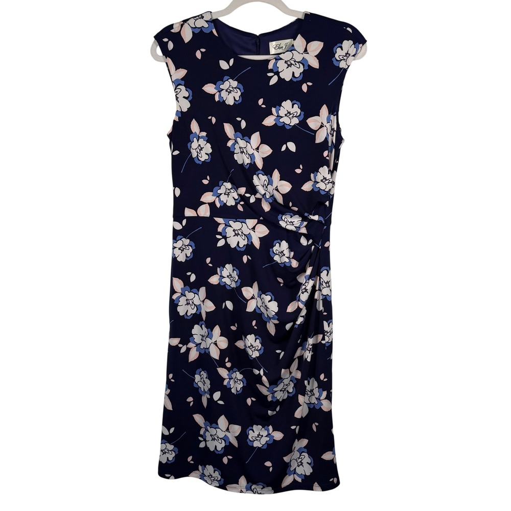 Eliza J Blue Purple Floral Jersey Knit‎ Dress Cap Sleeve Midi Stretch Size 8
